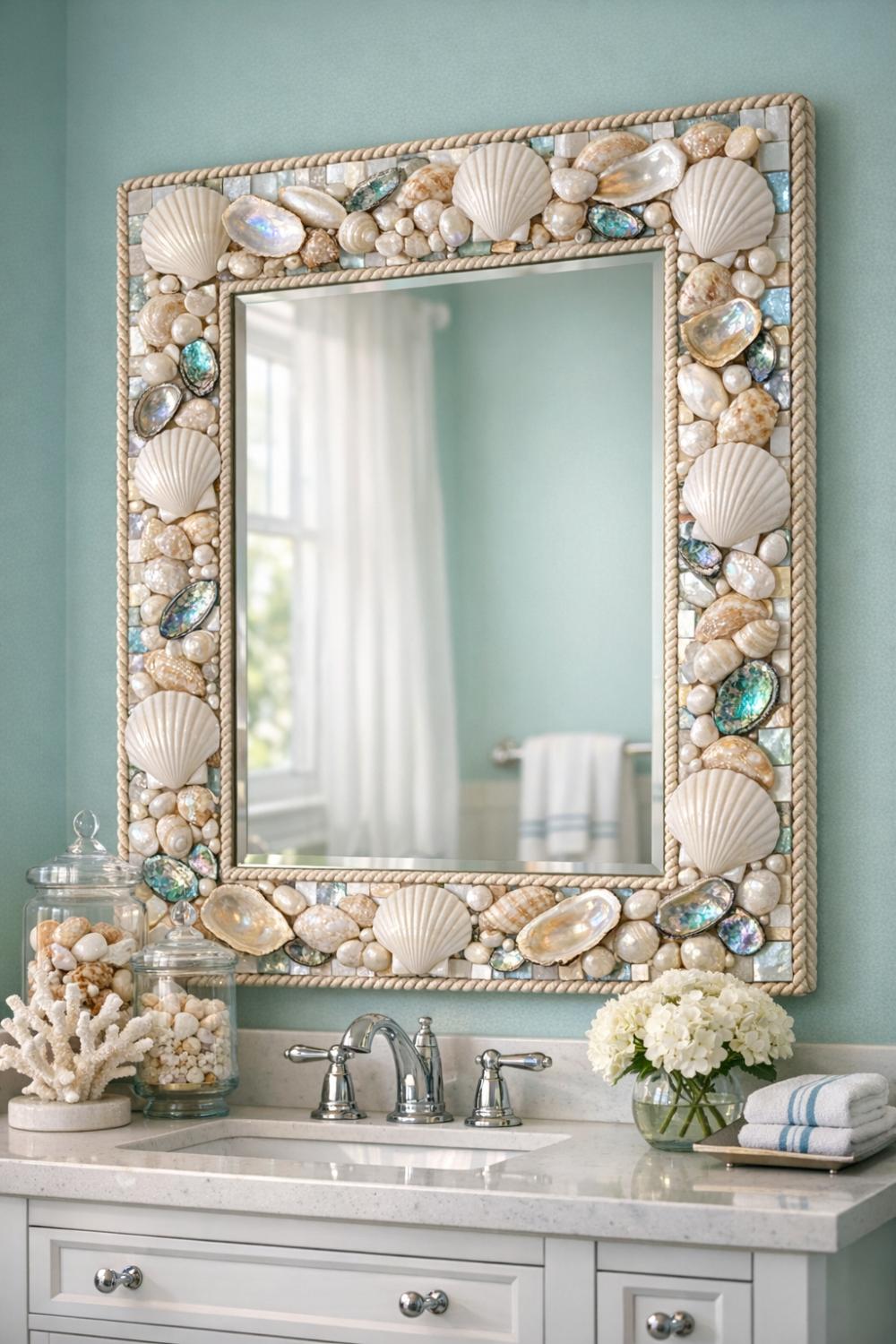 Handcrafted Seashell Mosaic Mirror With Mother Of Pearl Frame