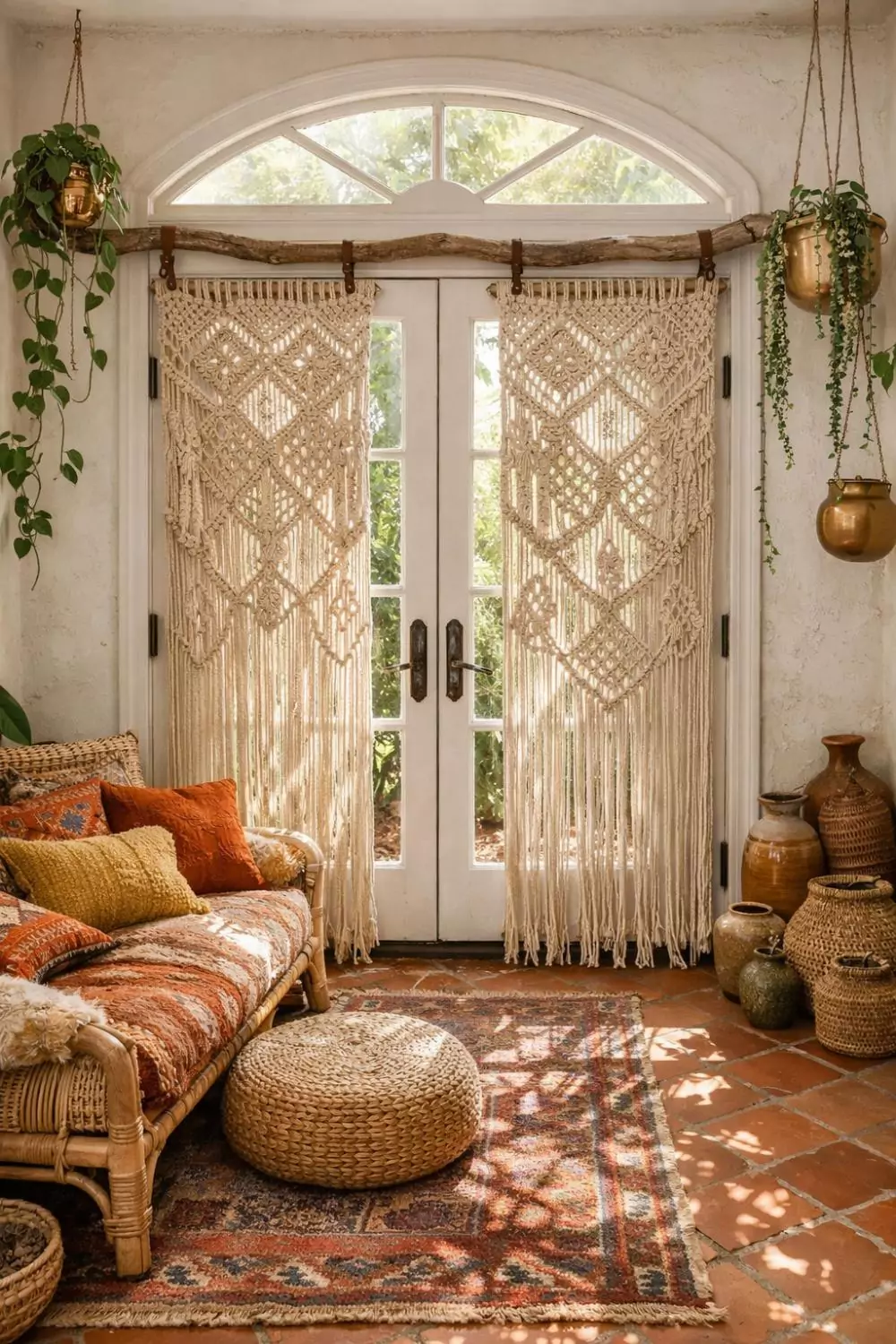 Handwoven Boho Macrame Curtain Panels On French Doors
