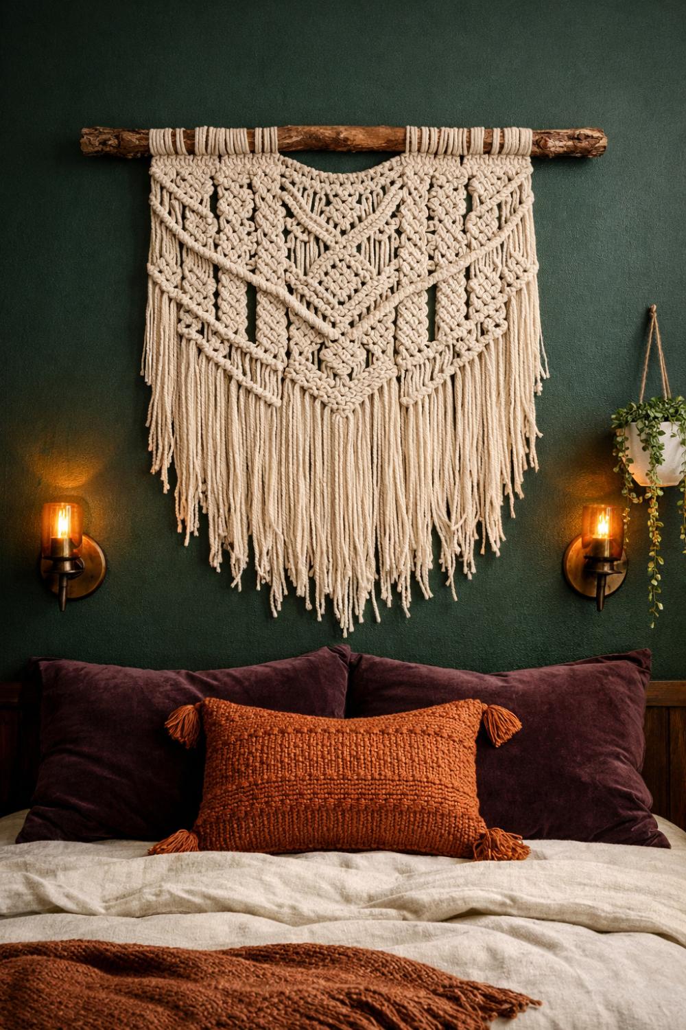 Large Macrame Wall Hanging On A Dark Boho Feature Wall