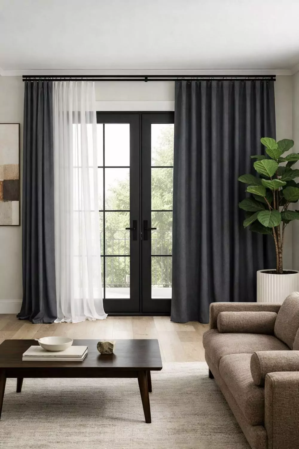 Layered Blackout And Sheer Curtains On French Doors For Day And Night