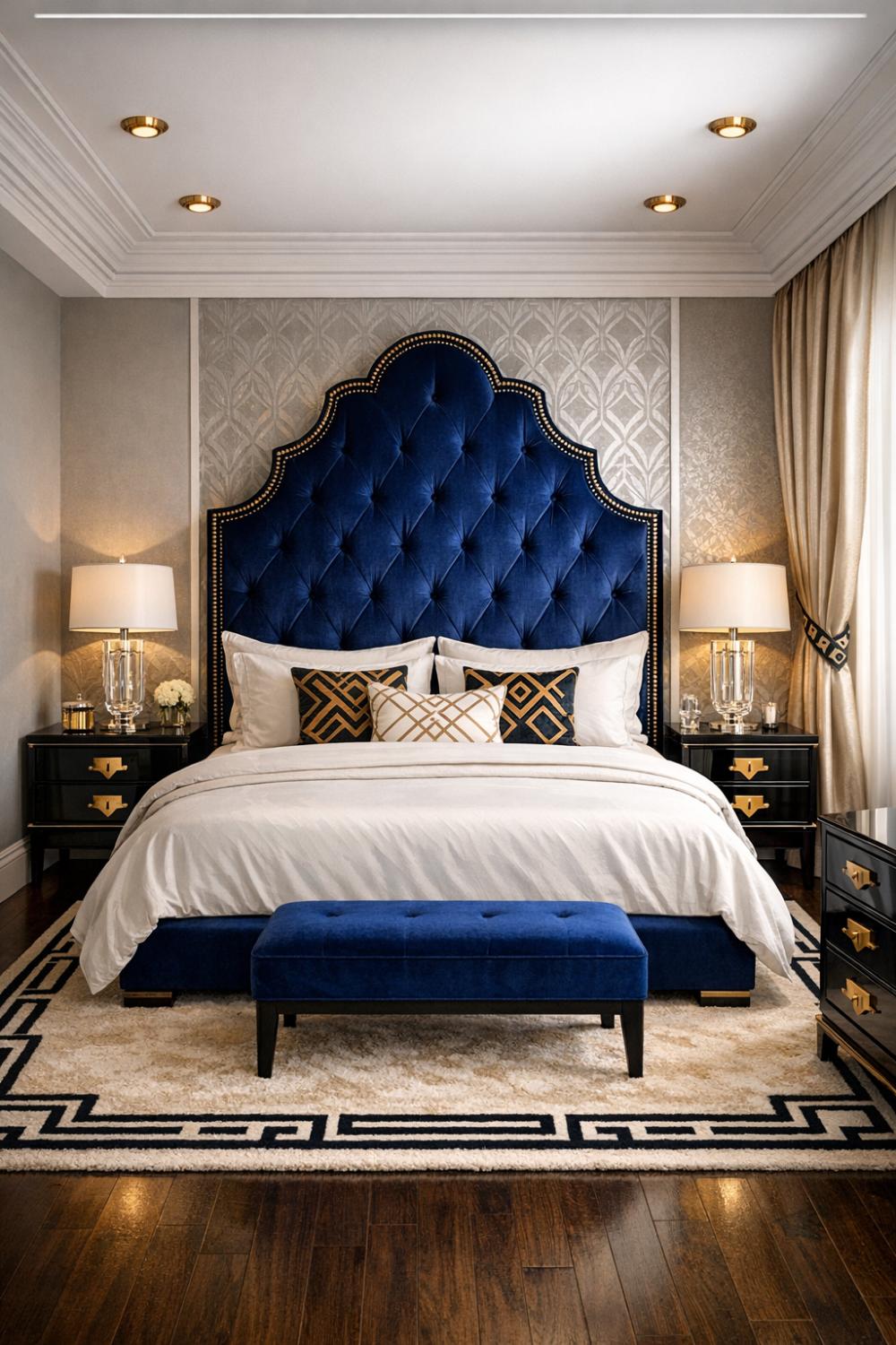Luxurious Art Deco Bedroom With Velvet Headboard And Metallic Touches
