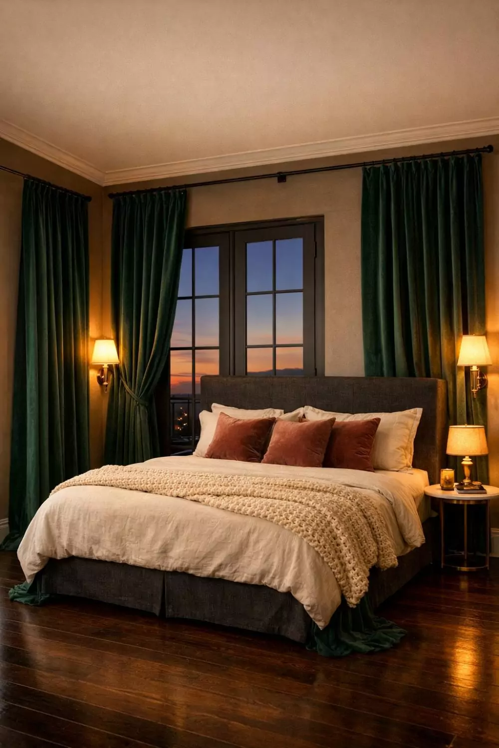 Luxurious Velvet Drapes Framing French Doors In A Cozy Bedroom