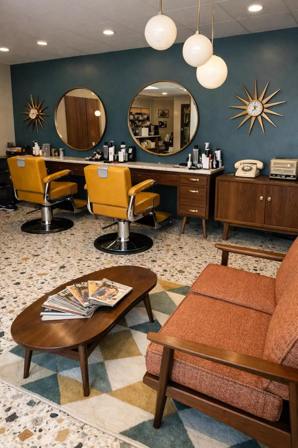 Mid Century Modern Barber Shop With Teal Accents And Walnut Furniture