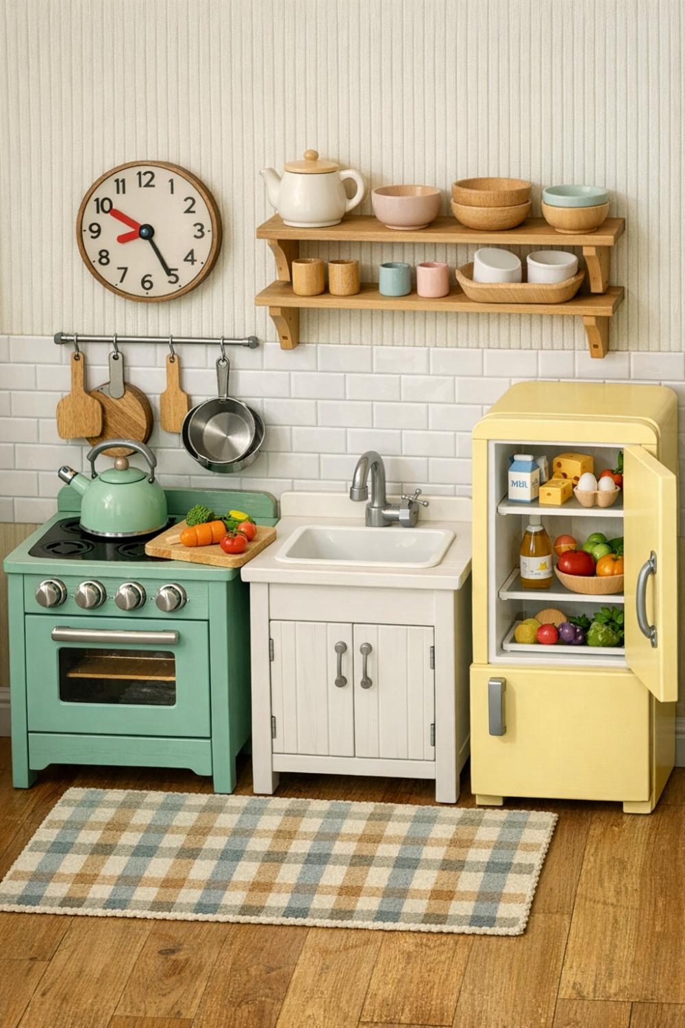Miniature Wooden Play Kitchen Set With Toy Stove Sink And Refrigerator In Playhouse