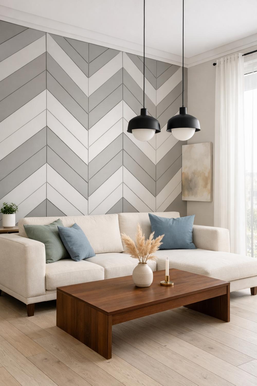 Modern Geometric Chevron DIY Wainscoting Accent Wall In A Living Room