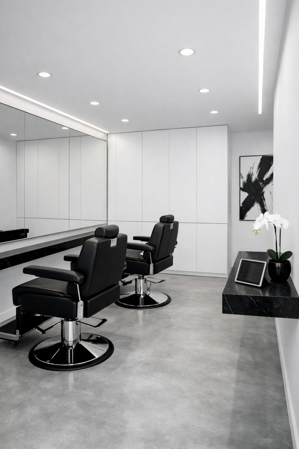 Modern Minimalist Barber Shop With Sleek Black And White Design