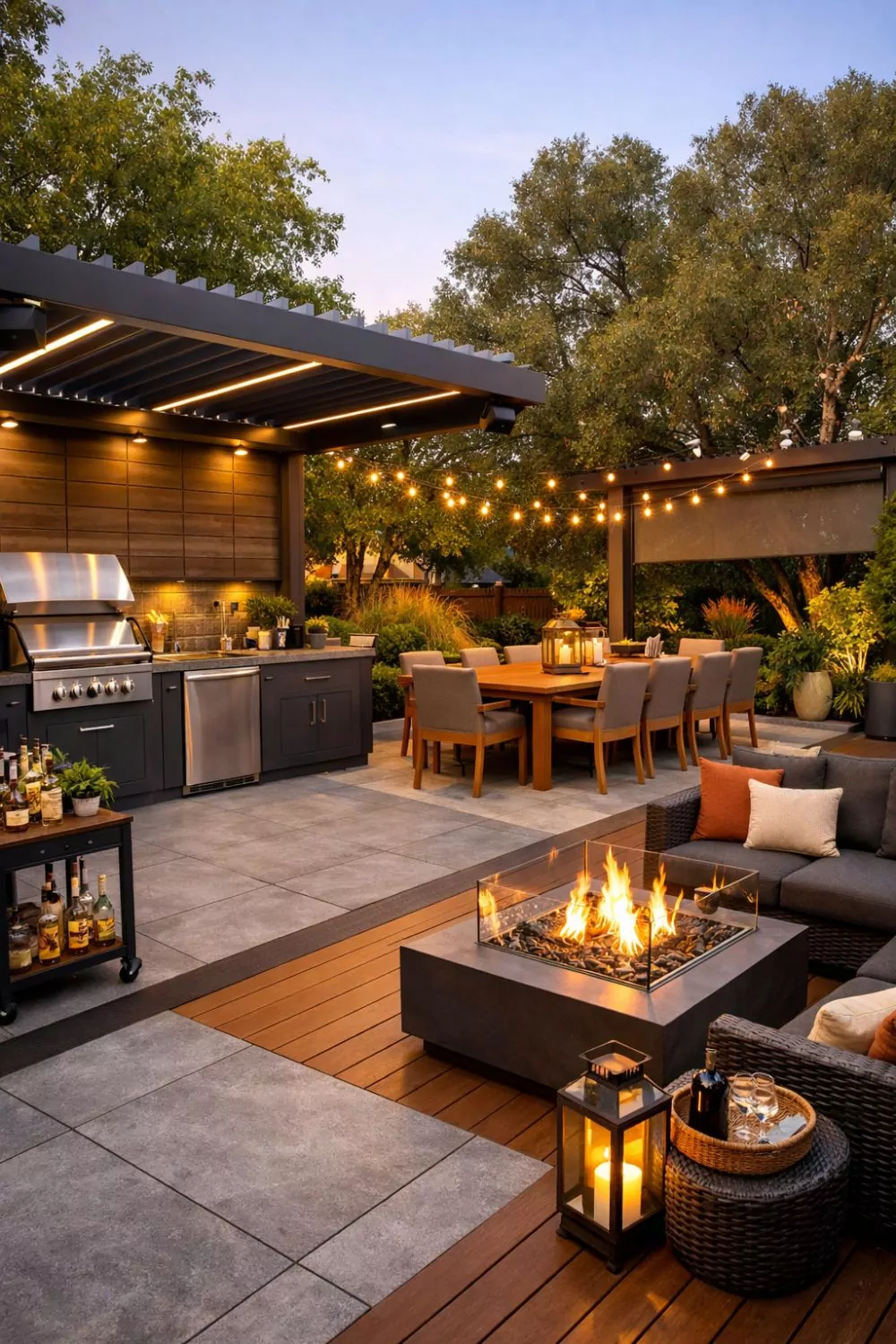 Multi Use Outdoor Living Space With Full Kitchen, Dining Area, Fire Pit Lounge