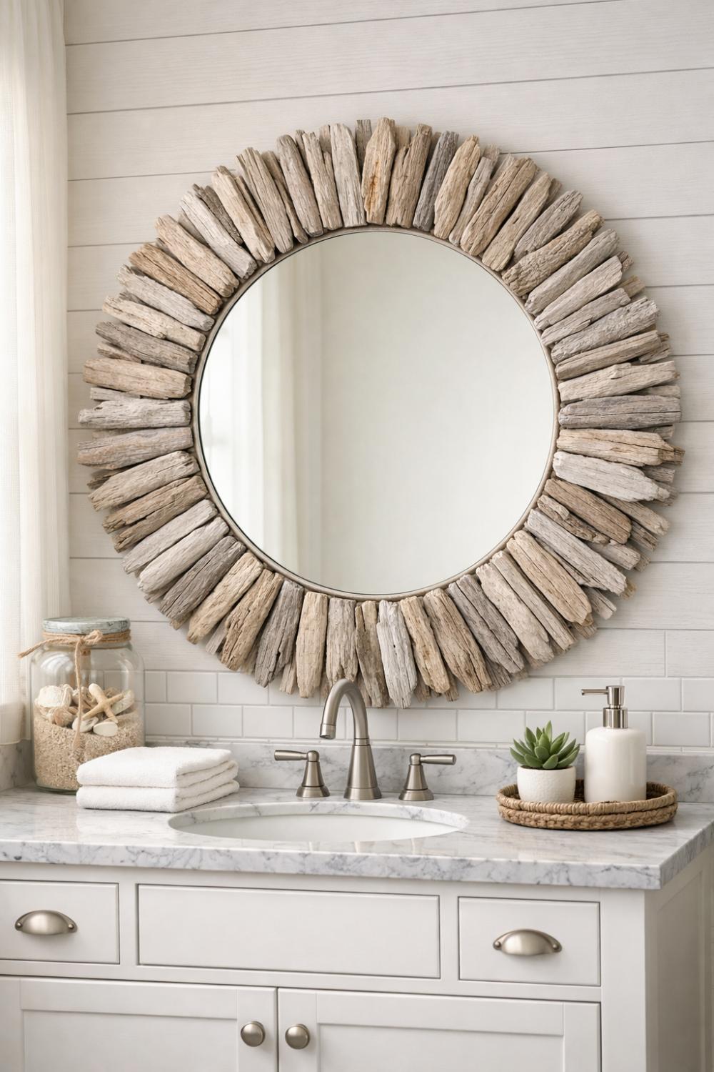 Natural Driftwood Bathroom Mirror With Sun Bleached Wood Frame