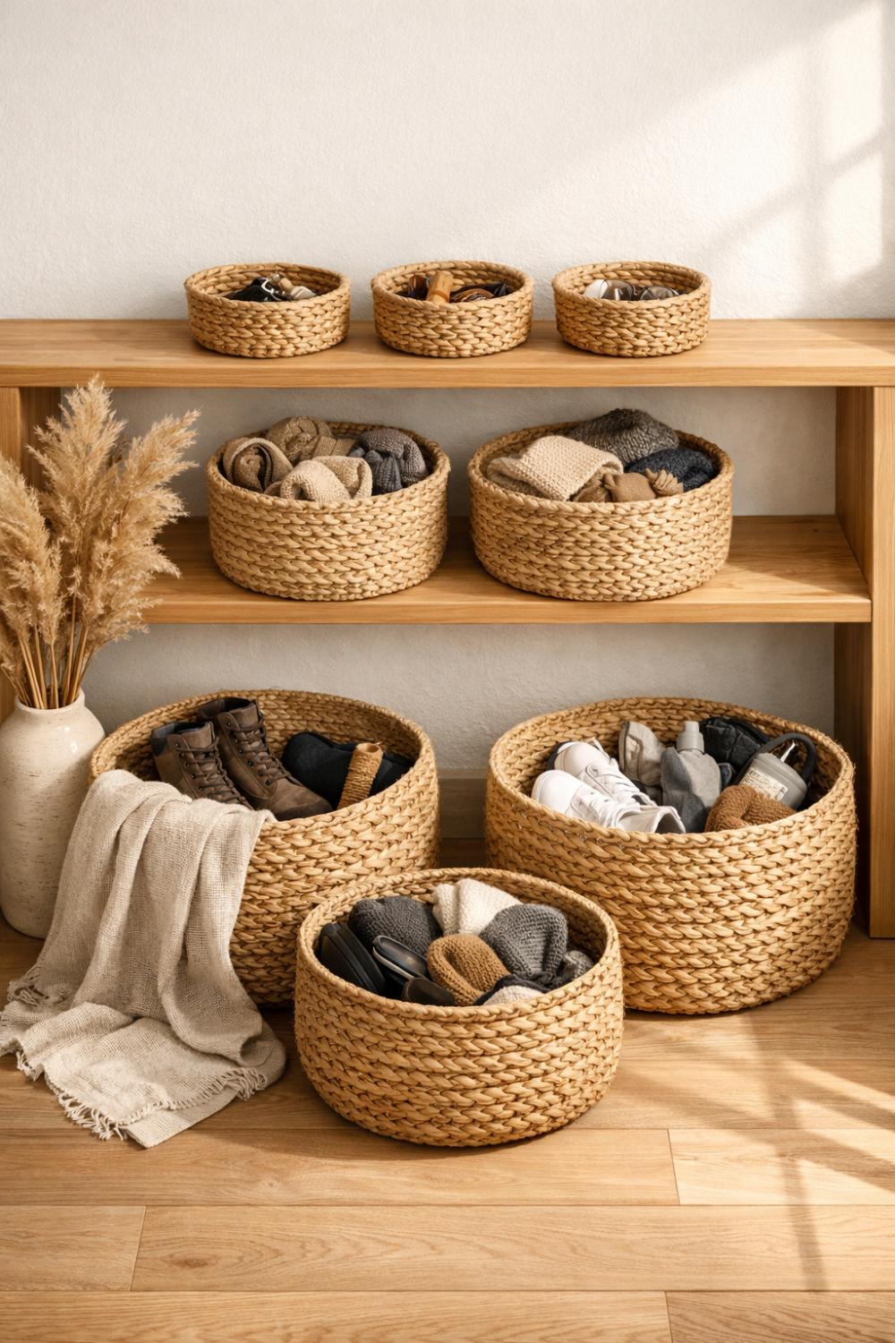 Natural Fiber Storage Baskets For Organized Japandi Entryway