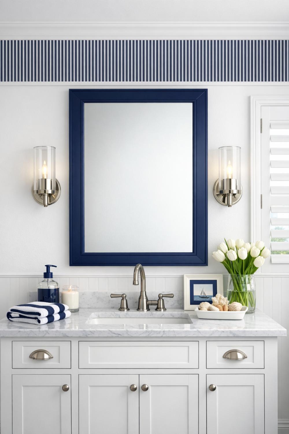 Navy Blue Framed Bathroom Mirror For Bold Coastal Statement Design