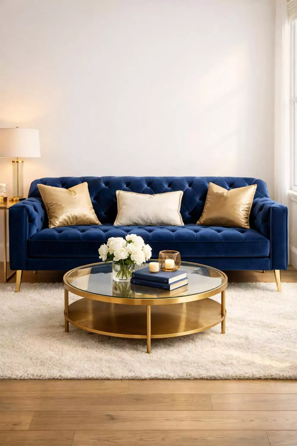 Navy Blue Velvet Sofa With Gold Legs In A Bright Living Room