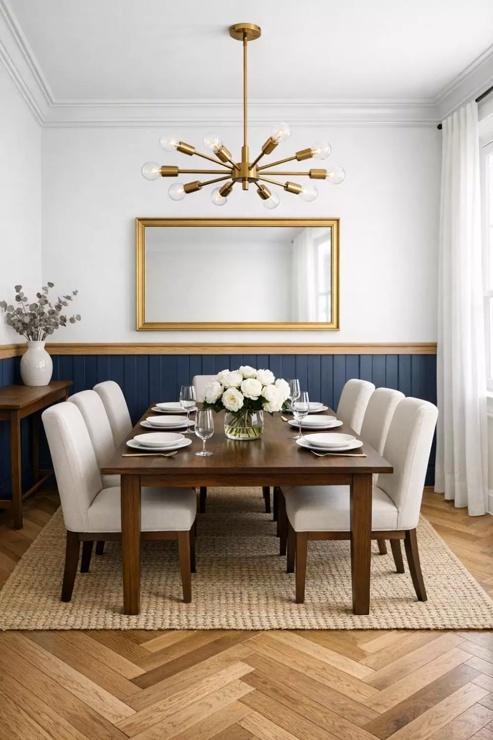 Navy Blue And White Two Tone Wainscoting In An Elegant Dining Room
