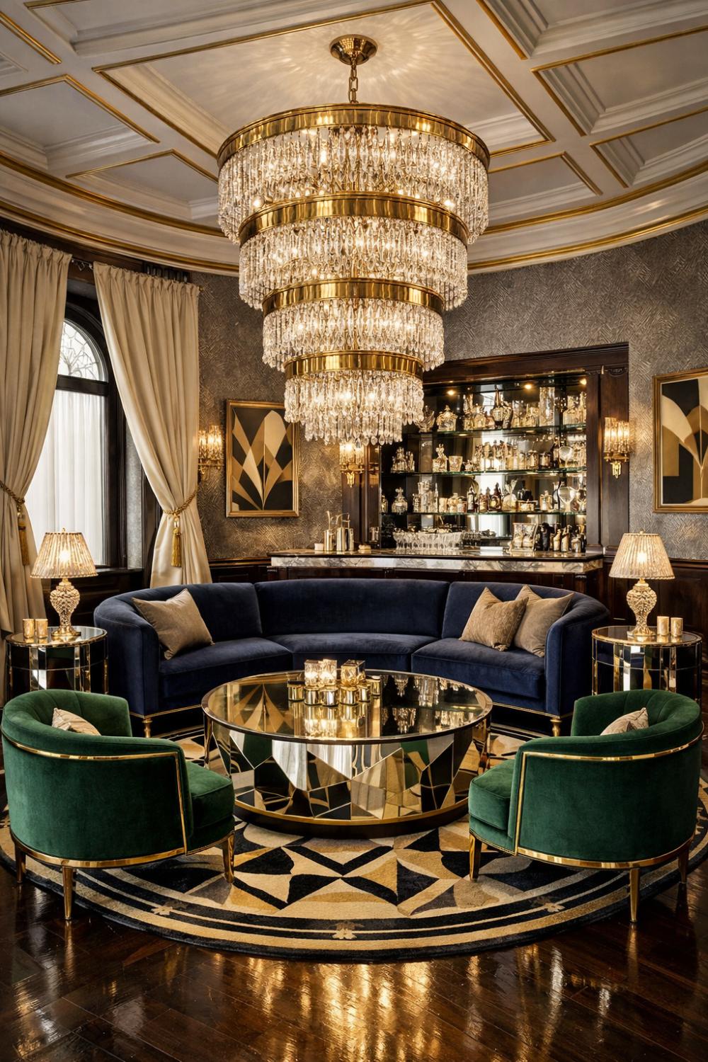 Opulent Art Deco Lounge With Tiered Crystal Chandelier Centerpiece