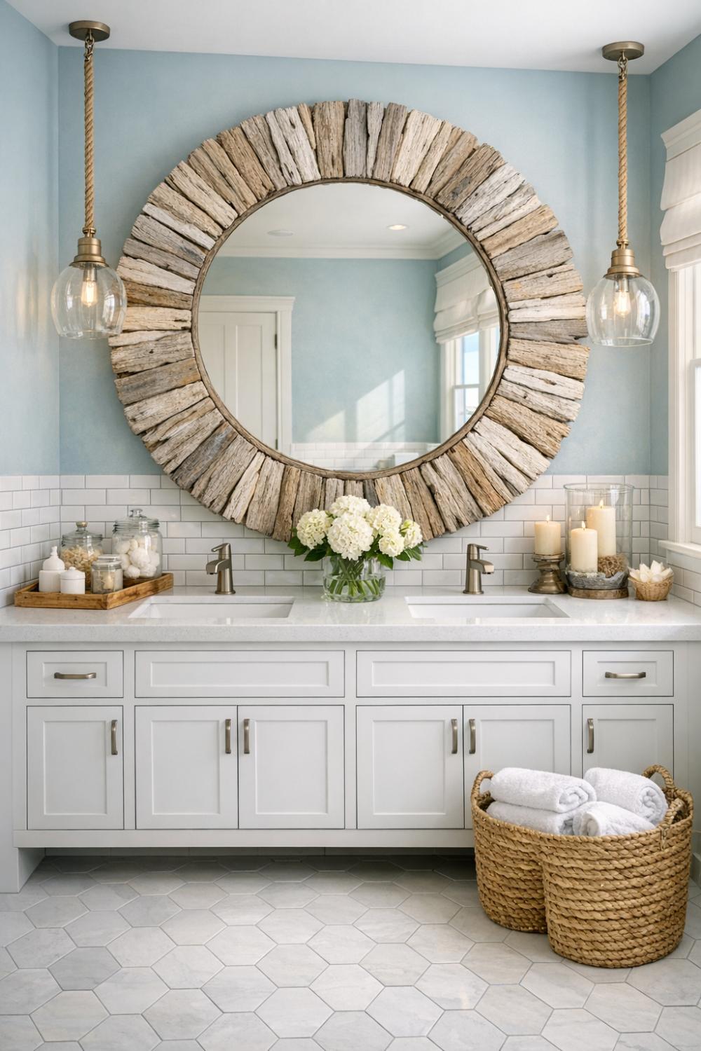 Oversized Round Driftwood Mirror Above Double Vanity Coastal Bathroom