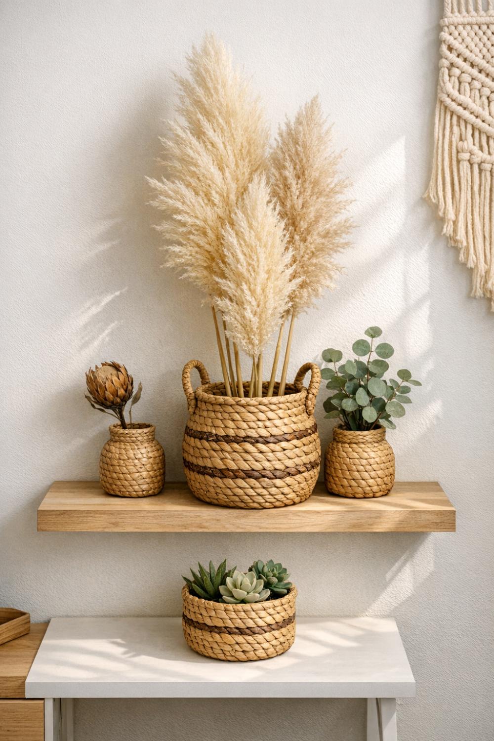 Pampas Grass Decor In Woven Baskets For Boho Dorms