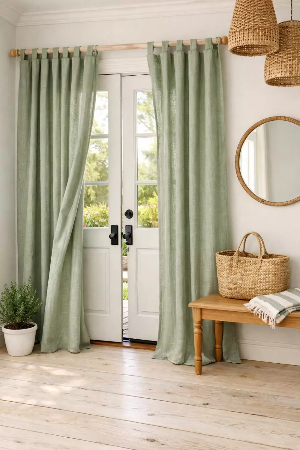 Relaxed Tab Top Linen Curtains In Sage Green On French Doors