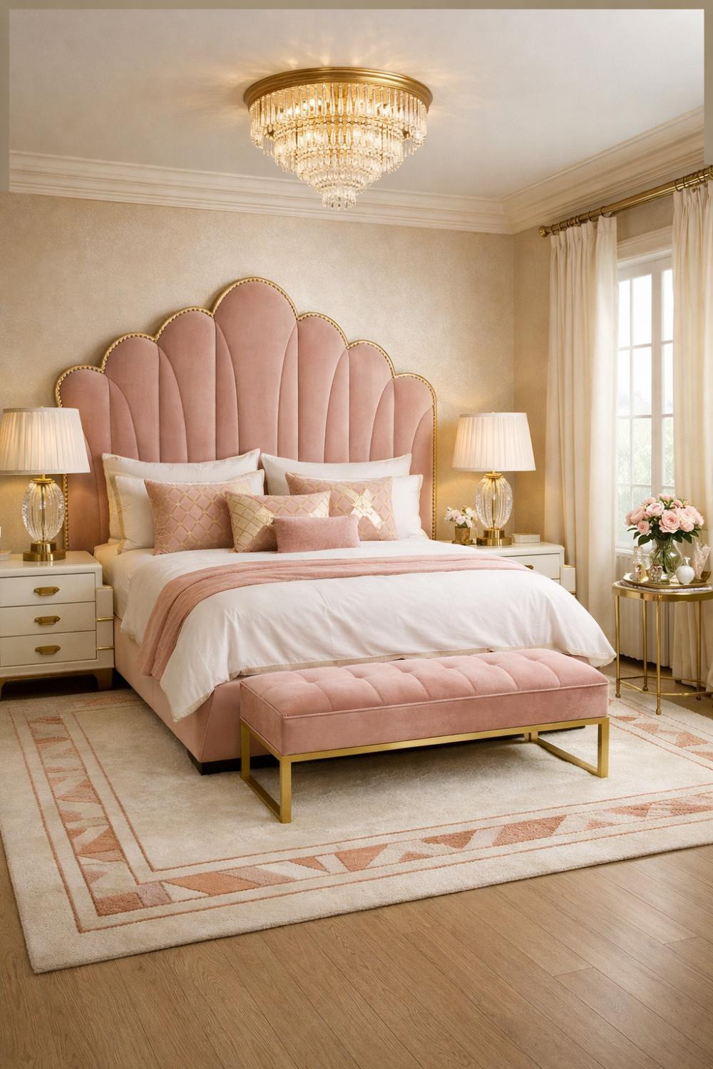 Romantic Art Deco Master Bedroom With Curved Scalloped Headboard