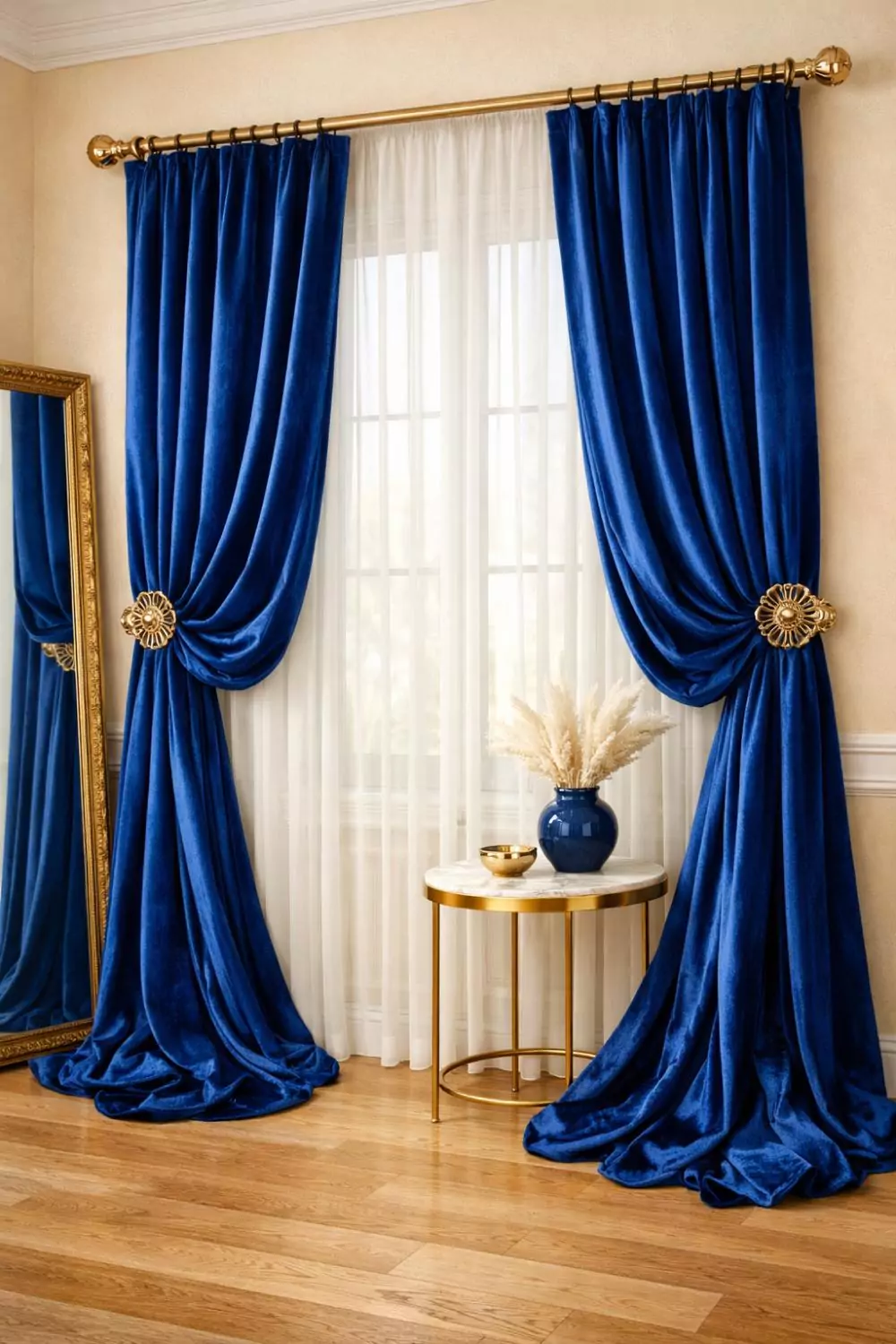 Royal Blue Velvet Curtains With Gold Tiebacks In An Elegant Room