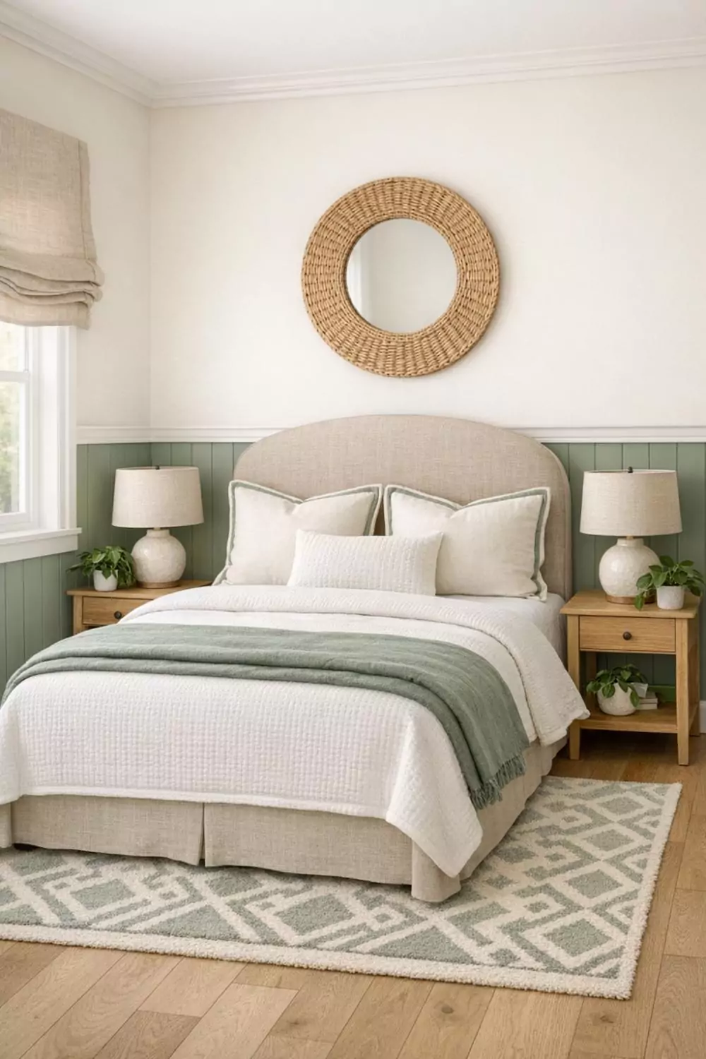 Sage Green Board And Batten Wainscoting In A Calming Bedroom