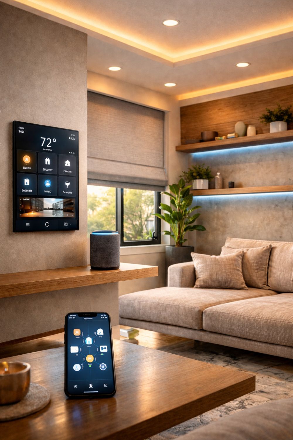 Smart Home Automation System In Modern Living Room With Voice Control, Touchscreen Panel, And Automated Lighting