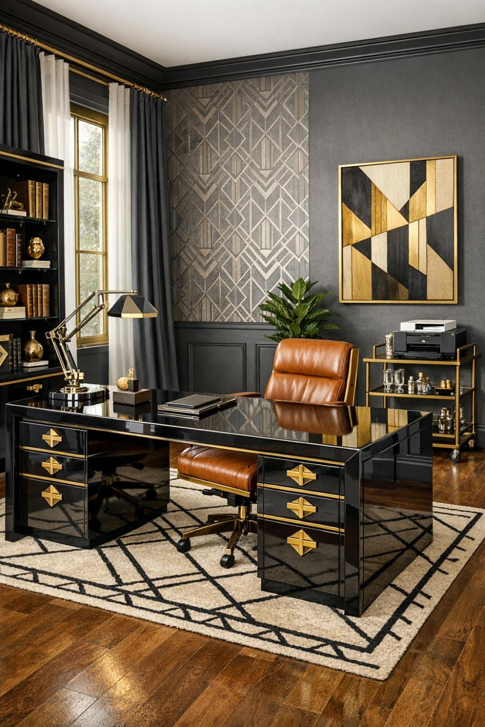 Sophisticated Art Deco Home Office With High Gloss Lacquered Desk