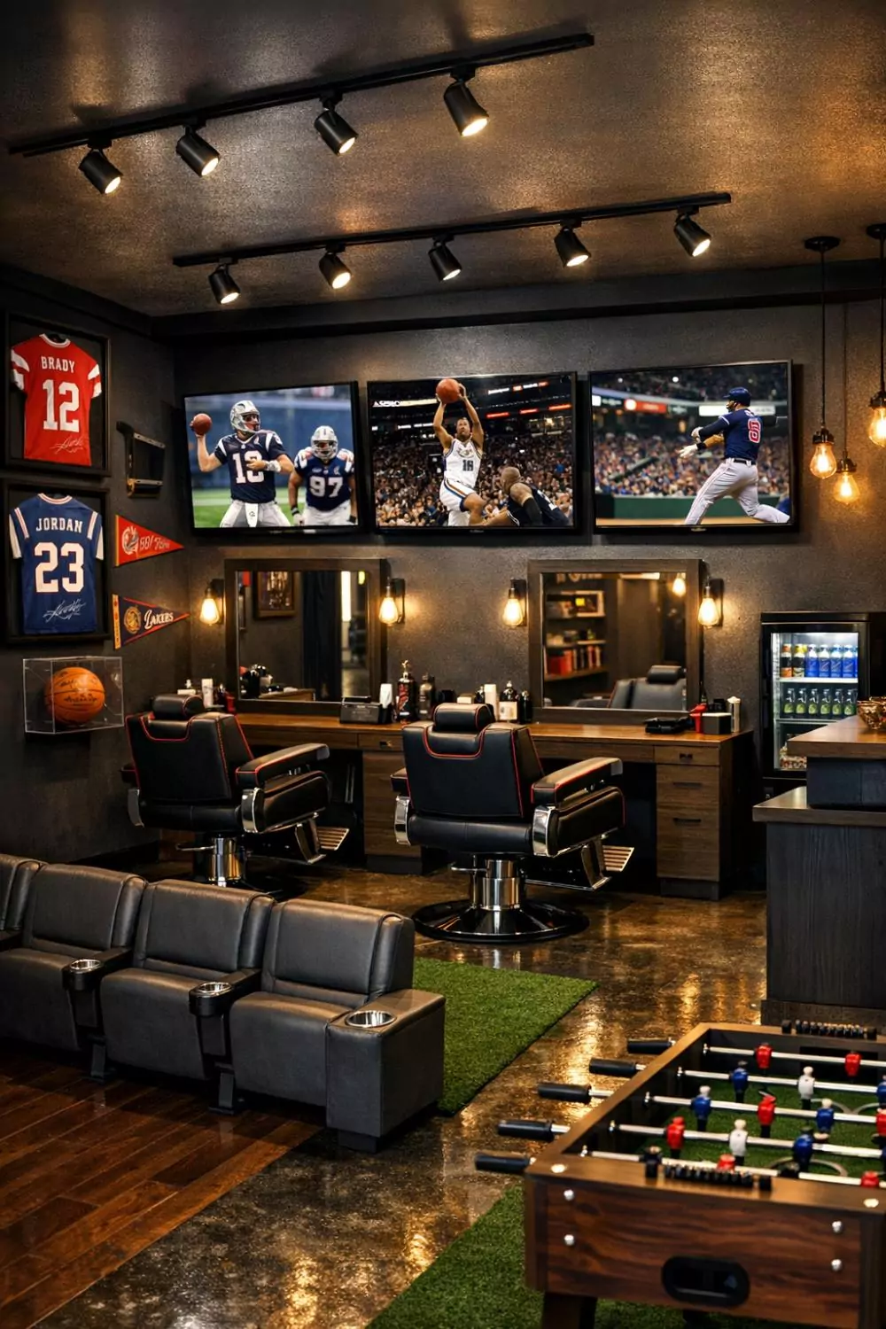 Sports Themed Barber Shop With Wall Mounted TVs And Team Decor