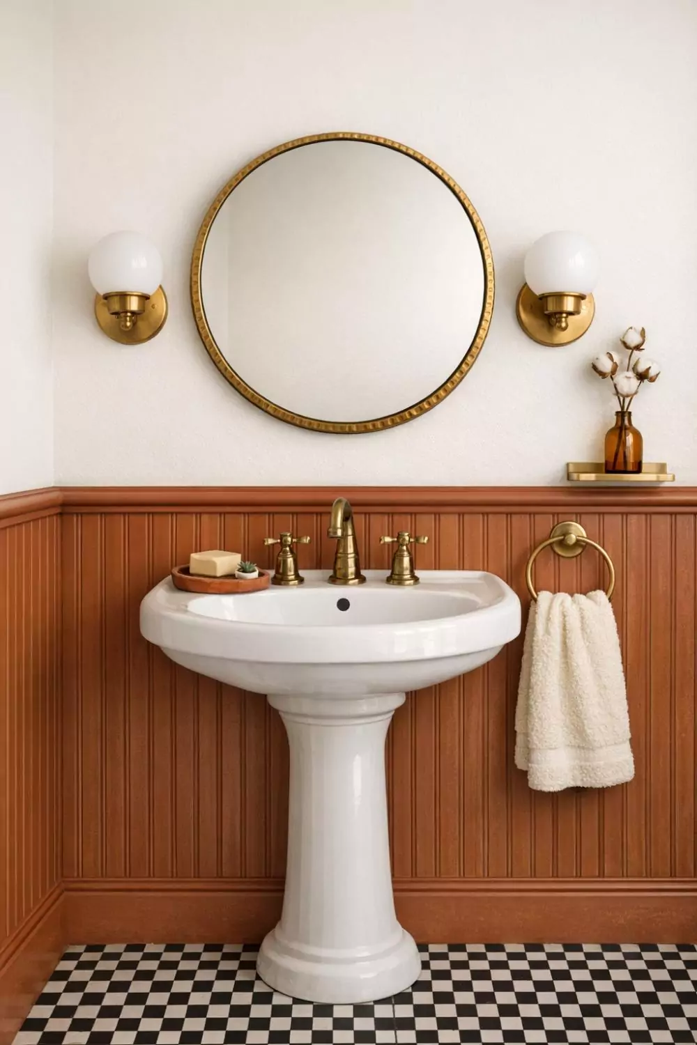 Terracotta Beadboard Wainscoting With Off White Walls In A Powder Room