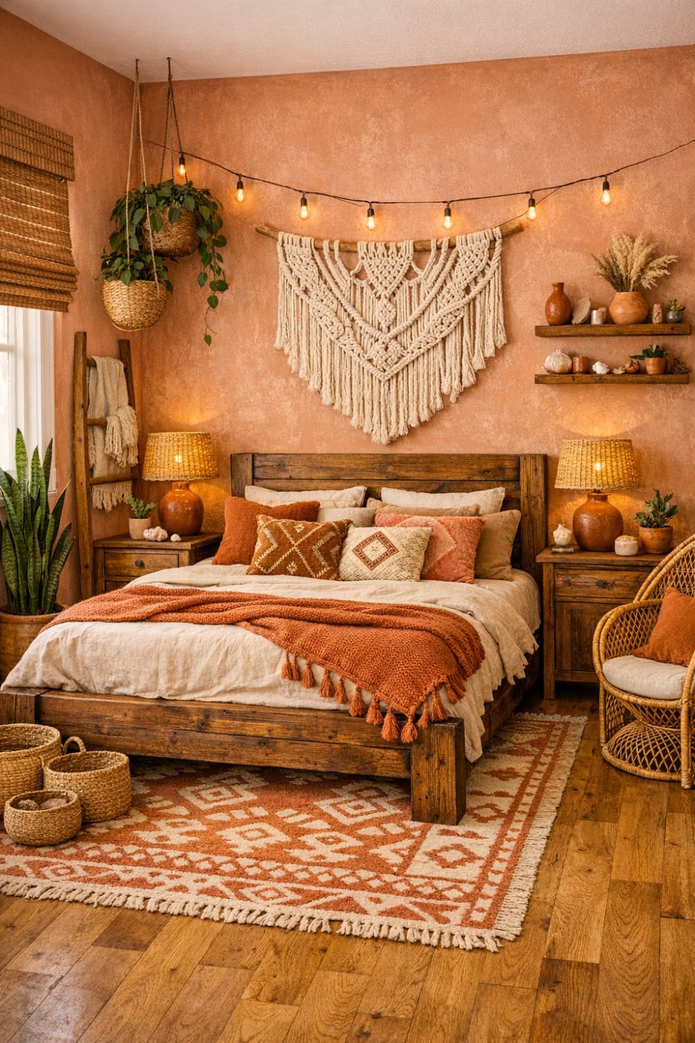 Terracotta Pink Bedroom With Natural Wood Furniture