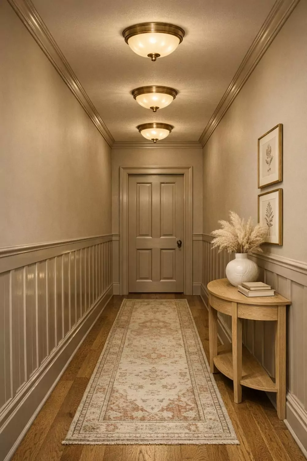 Tone On Tone Wainscoting With Matching Walls In A Warm Greige Hallway