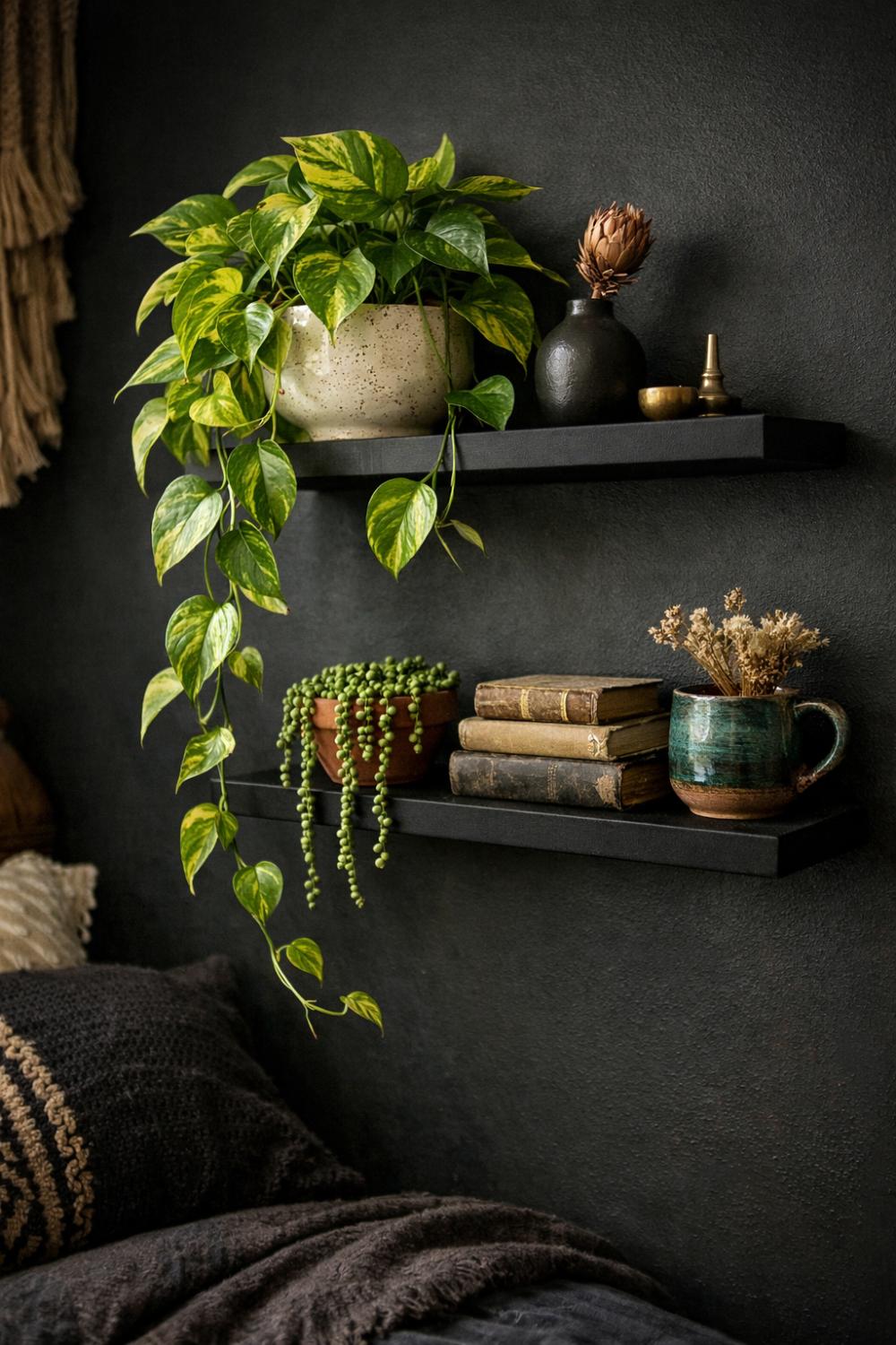 Trailing Plants On Dark Floating Shelves For Moody Boho Walls