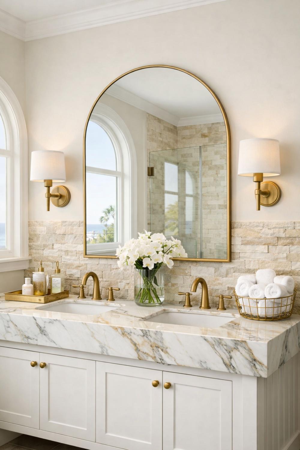 Trending Arched Bathroom Mirror With Brass Frame For Coastal Spa
