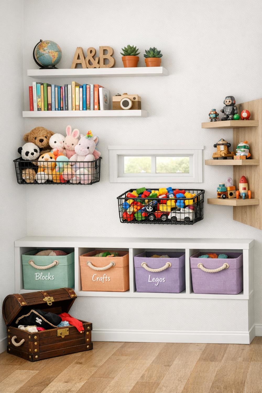 Wall Mounted Storage Baskets Floating Shelves And Toy Organizers In Organized Playhouse Interior