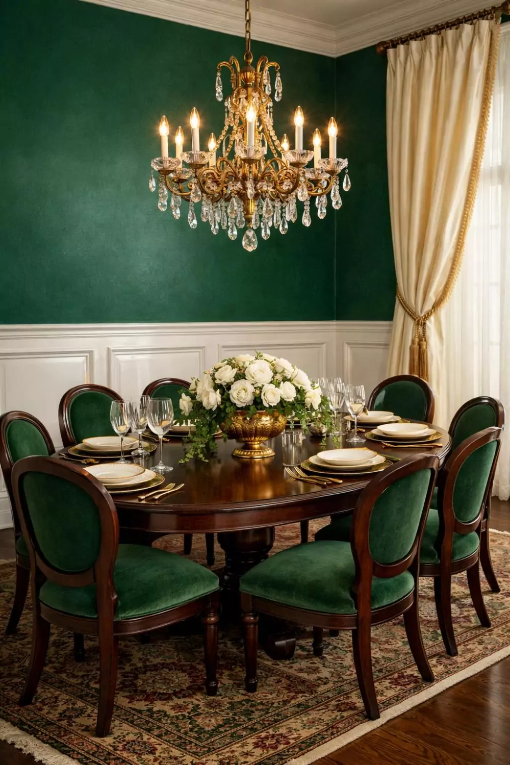 White Picture Frame Wainscoting With Emerald Green Walls In A Dining Room
