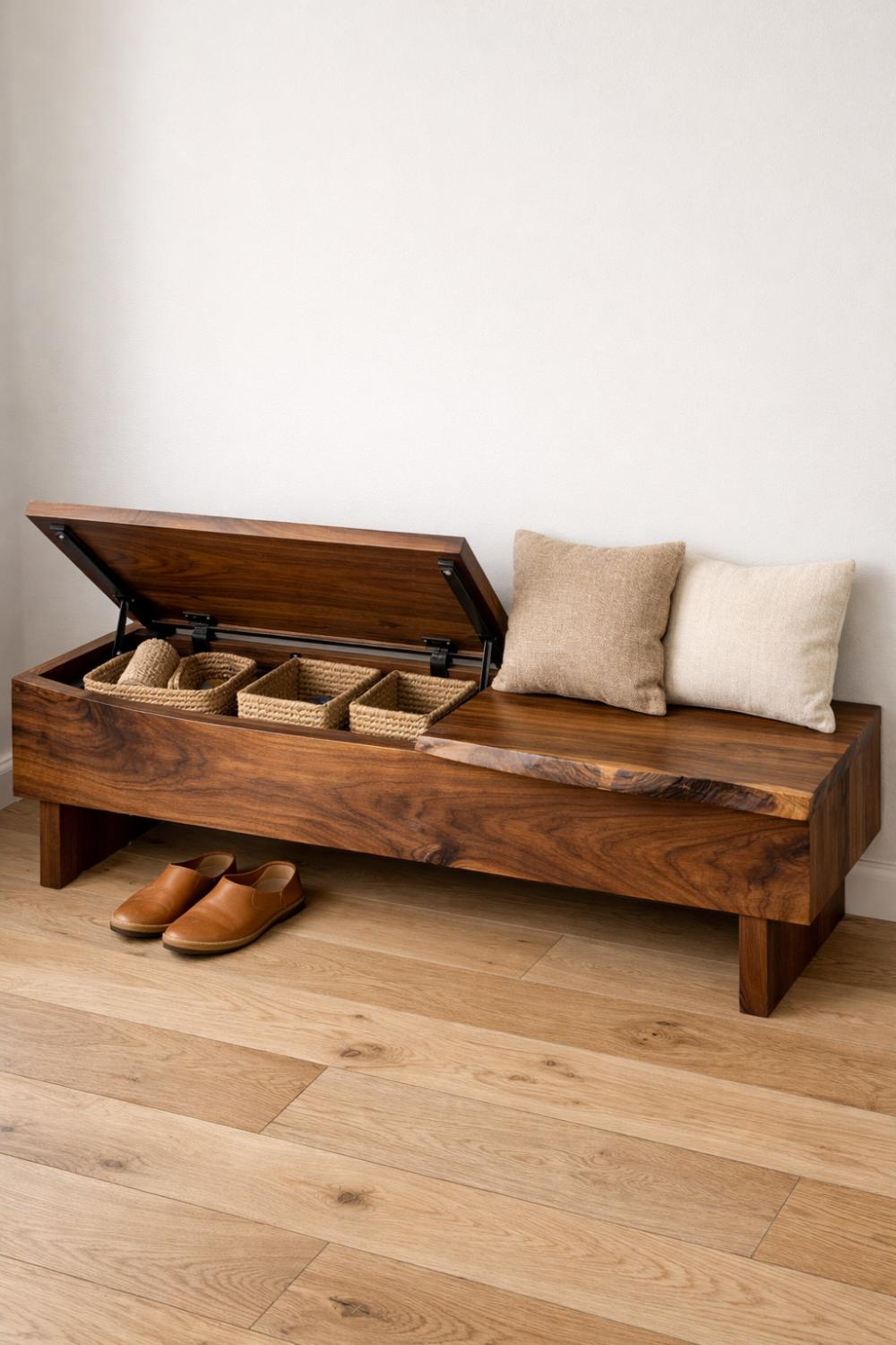 Wooden Slab Bench With Hidden Storage For Japandi Entryway
