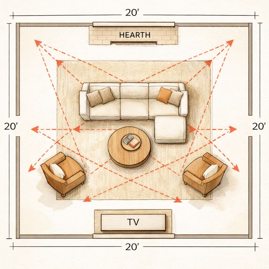 20x20 Living Room Layout With Fireplace And TV On Opposite Walls