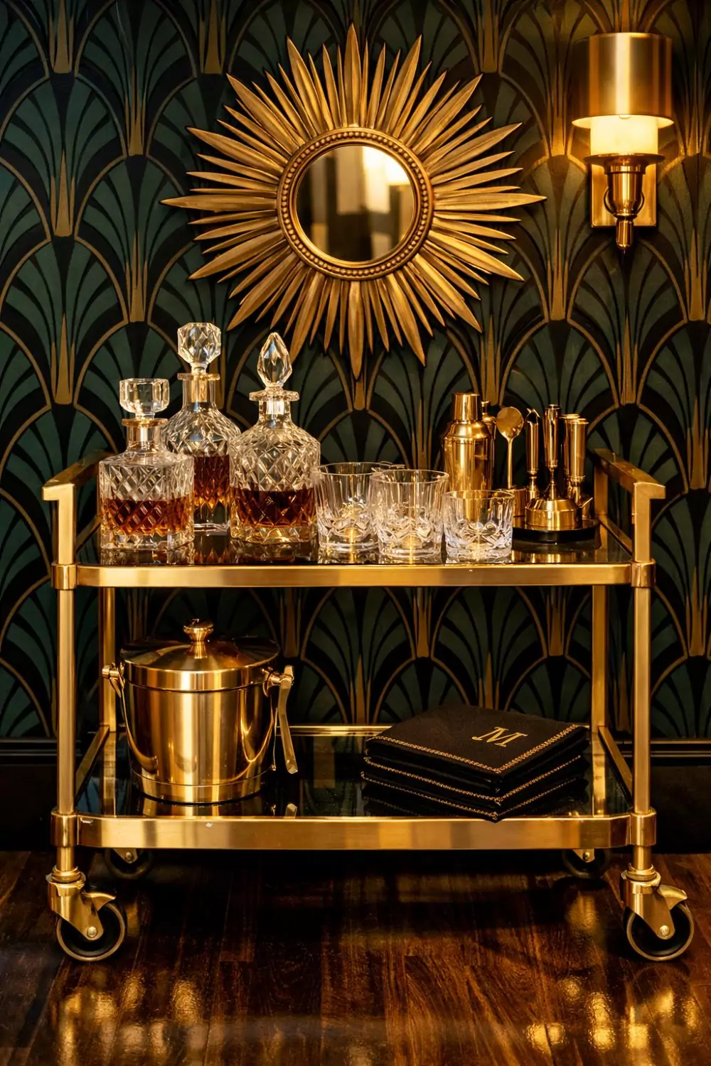 Art Deco Bar Cart With Brass And Glass Accents