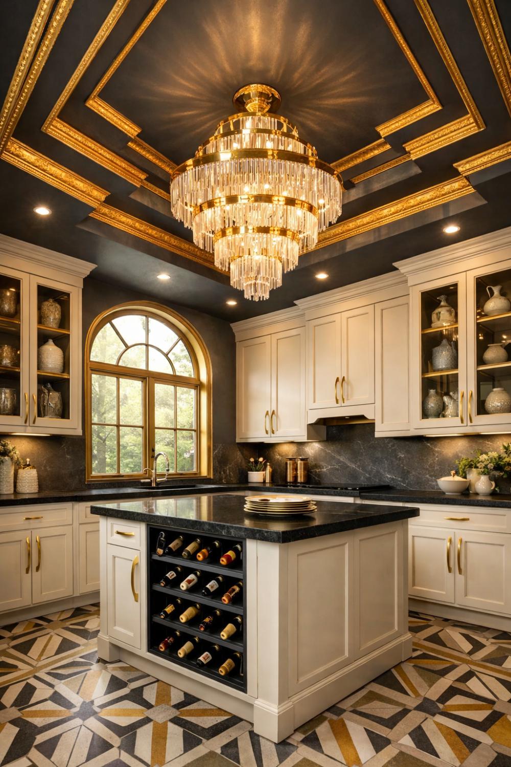 Art Deco Kitchen With Statement Tray Ceiling