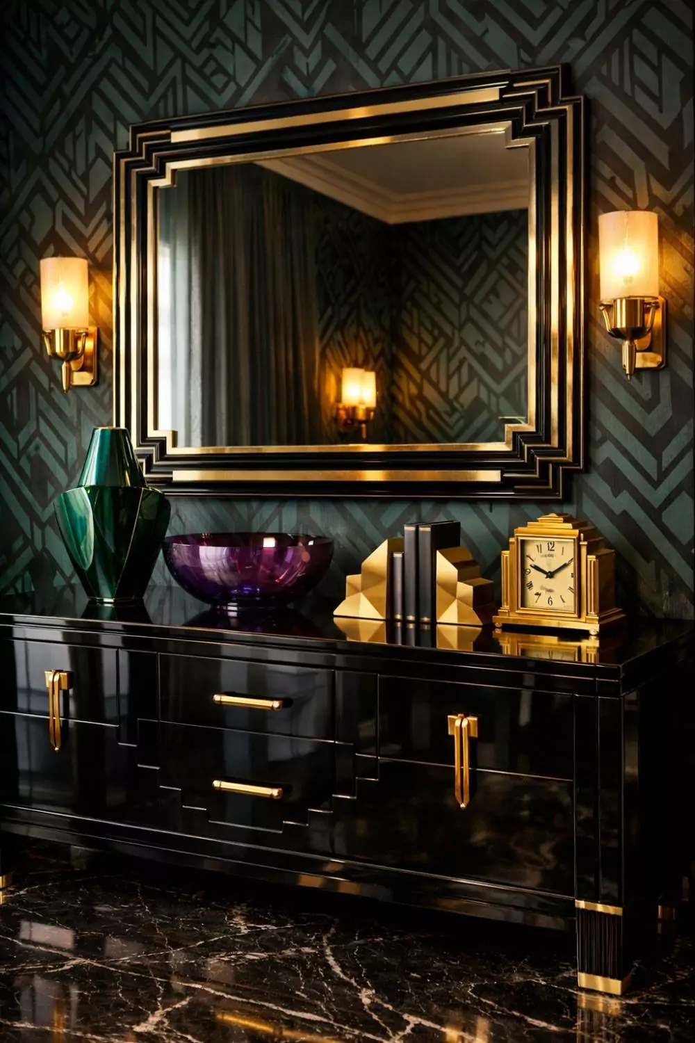 Art Deco Lacquered Sideboard With Jewel Tone Decor