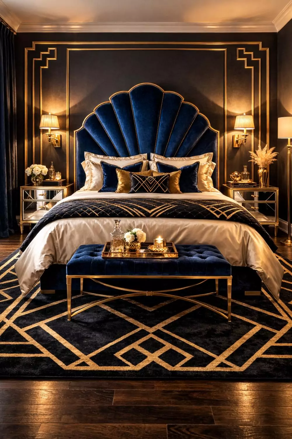 Art Deco Velvet Headboard With Brass Wall Sconces