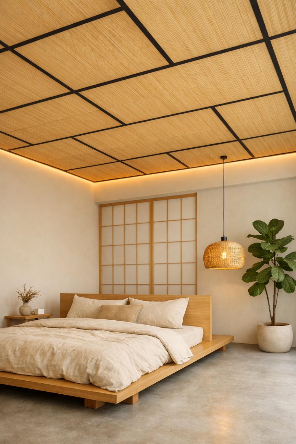 Bamboo Eco Friendly Suspended Ceiling Panels Japandi Bedroom