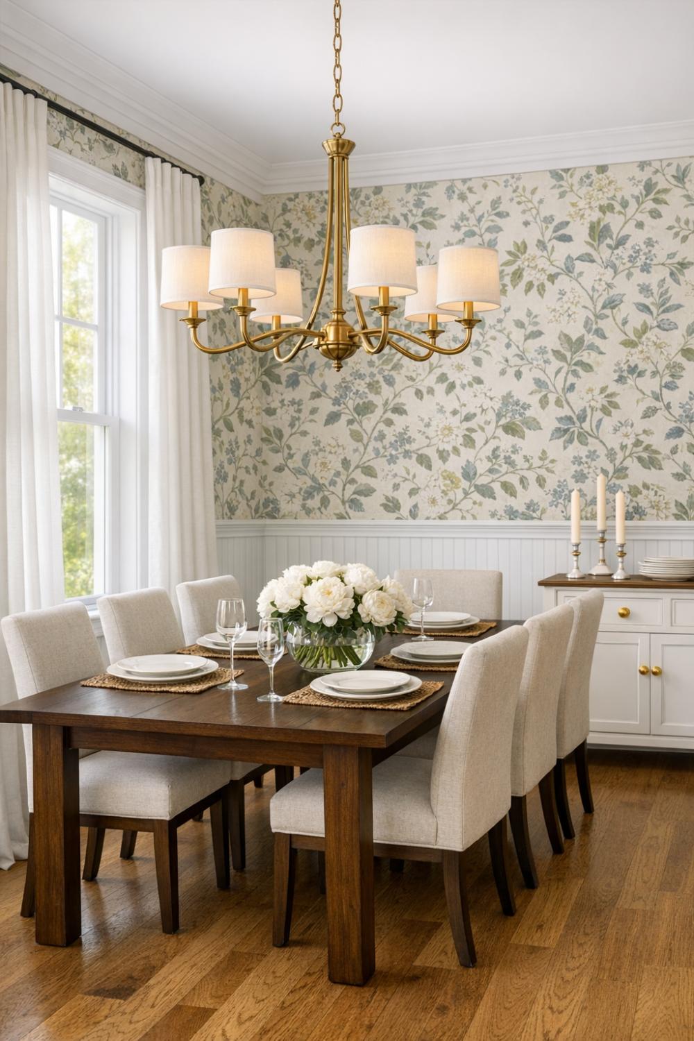 Beadboard Wainscoting Dining Room With Wallpaper Above