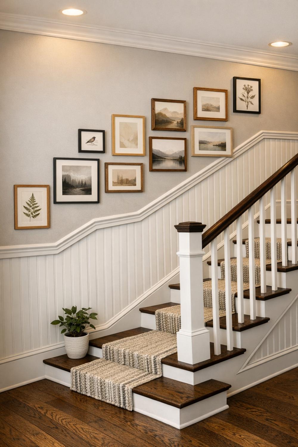 Beadboard Wainscoting Staircase Wall With Gallery Display