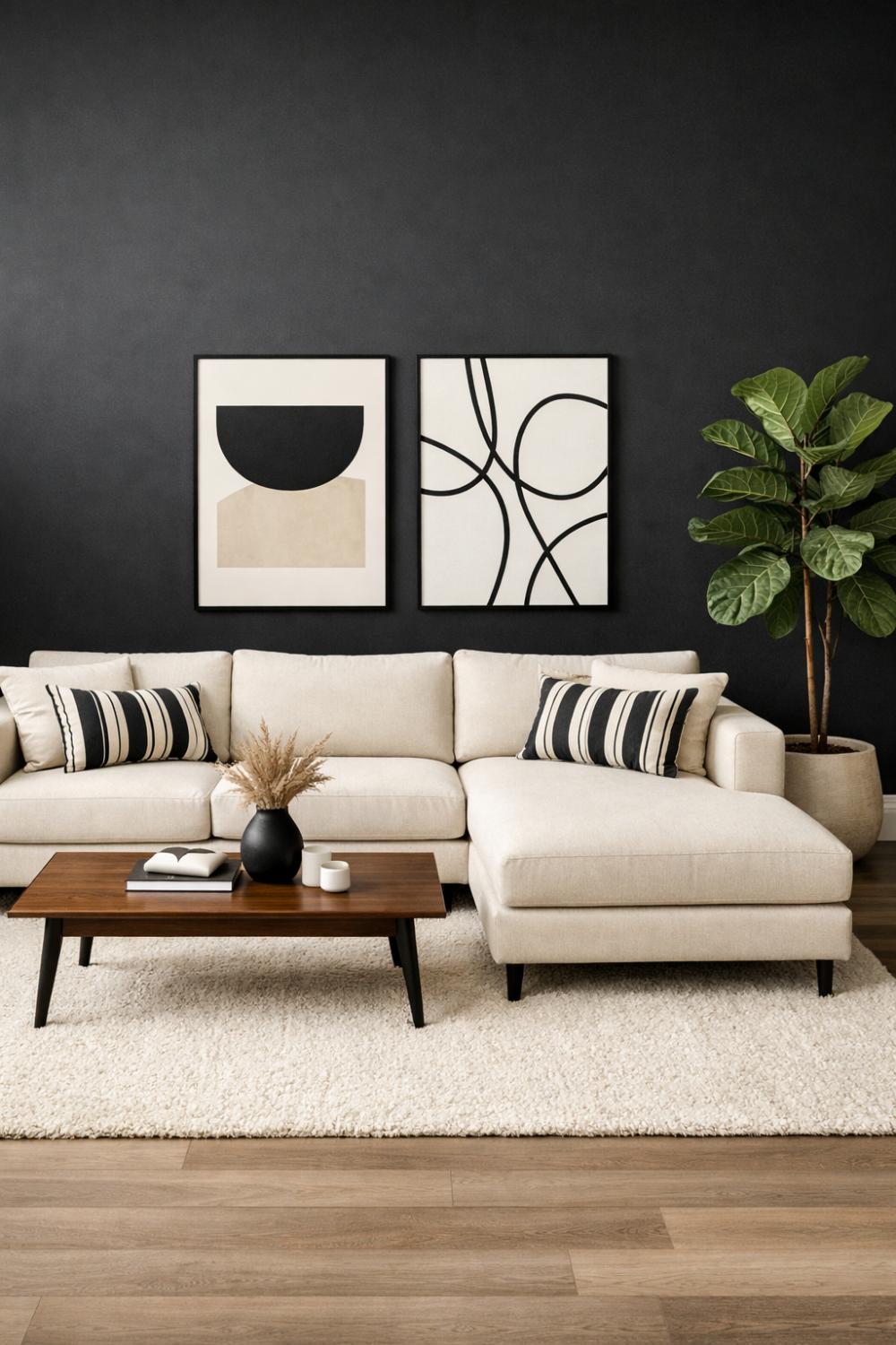 Black Accent Wall Behind A Cream Upholstered Sectional
