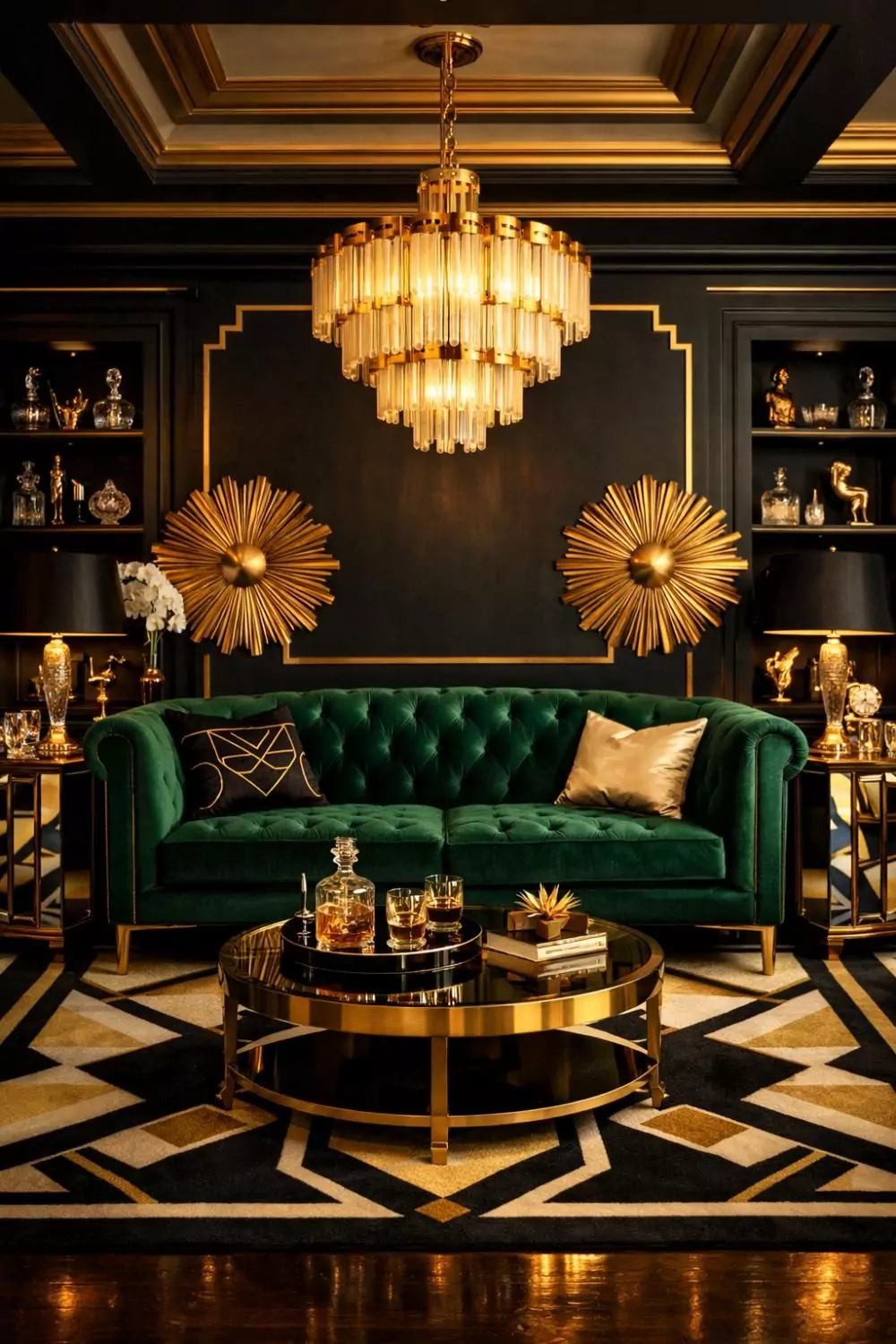 Black And Gold Art Deco Living Room With Velvet Sofa