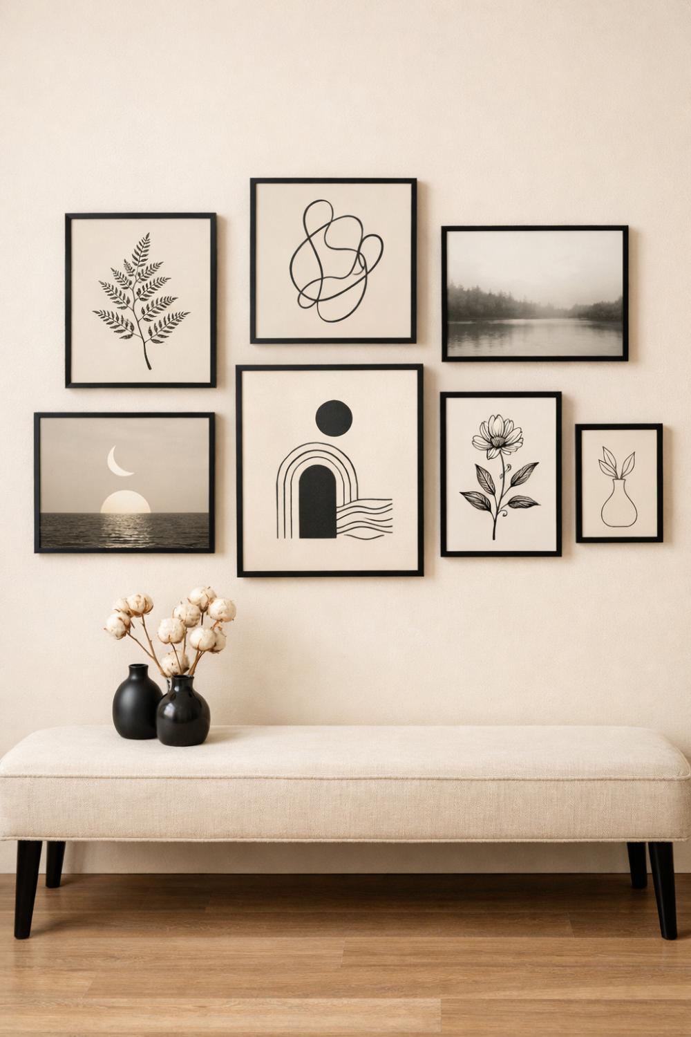 Black Framed Gallery Wall On A Cream Painted Wall