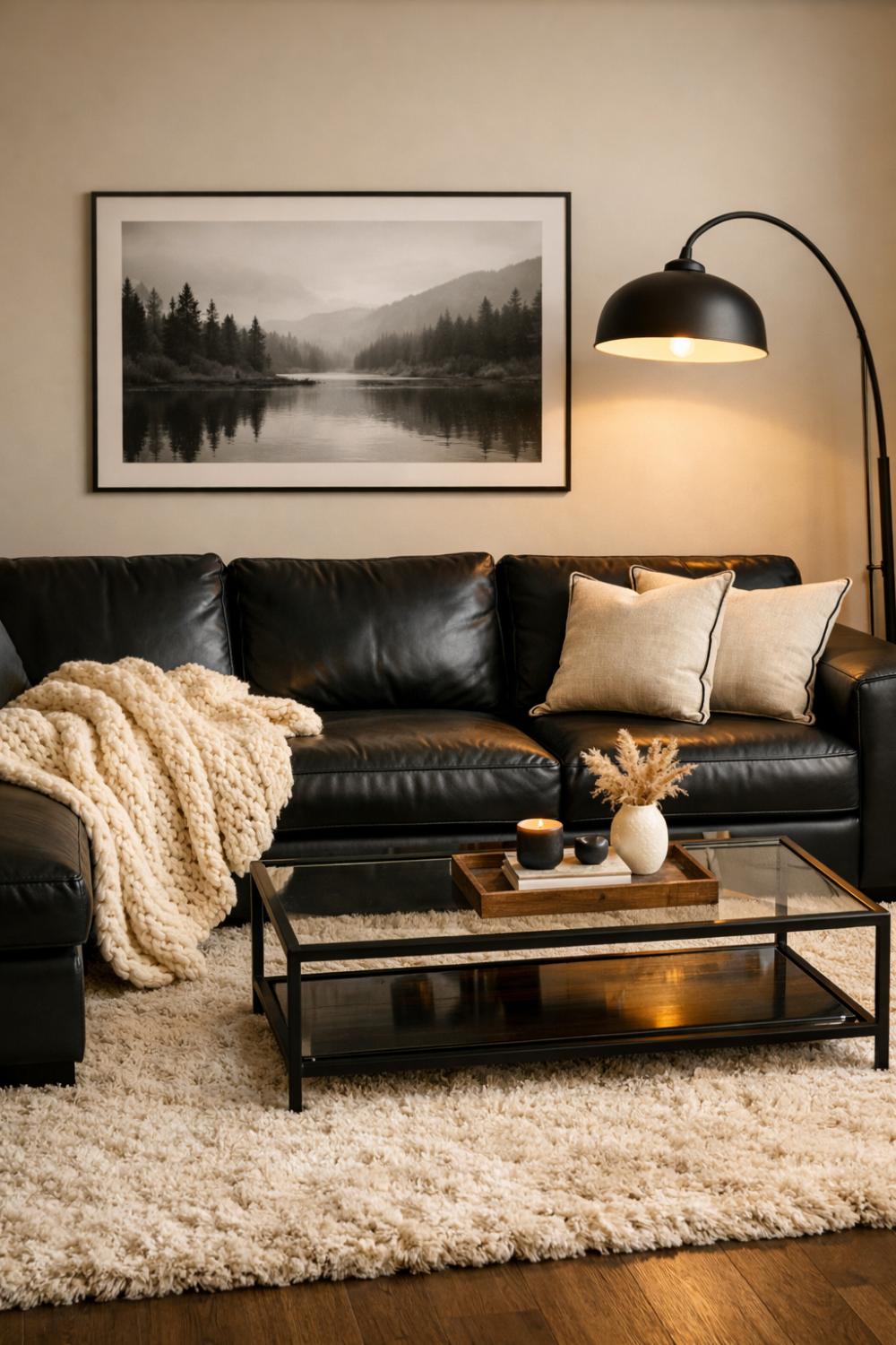 Black Leather Sectional With A Cream Knit Throw Blanket