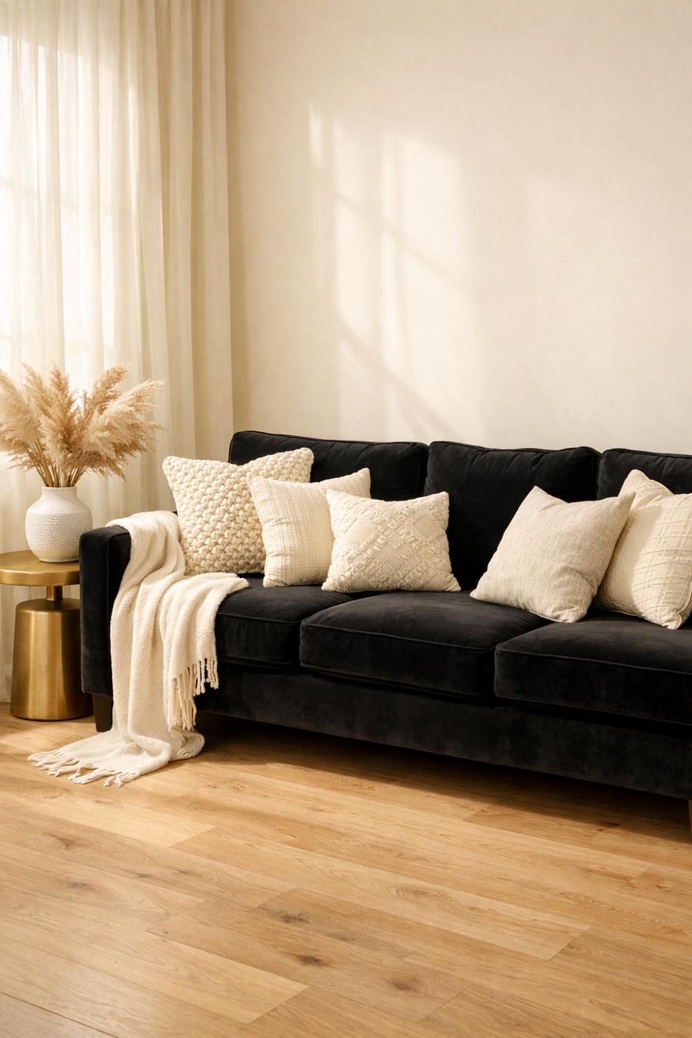 Black Velvet Sofa With Cream Textured Throw Pillows