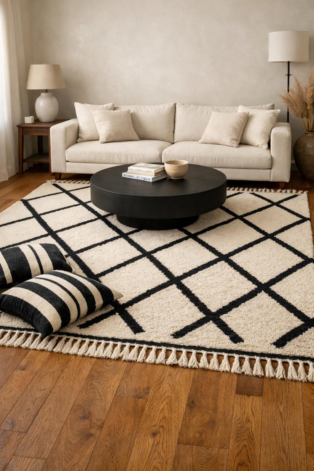 Black And Cream Patterned Area Rug On Hardwood Floors