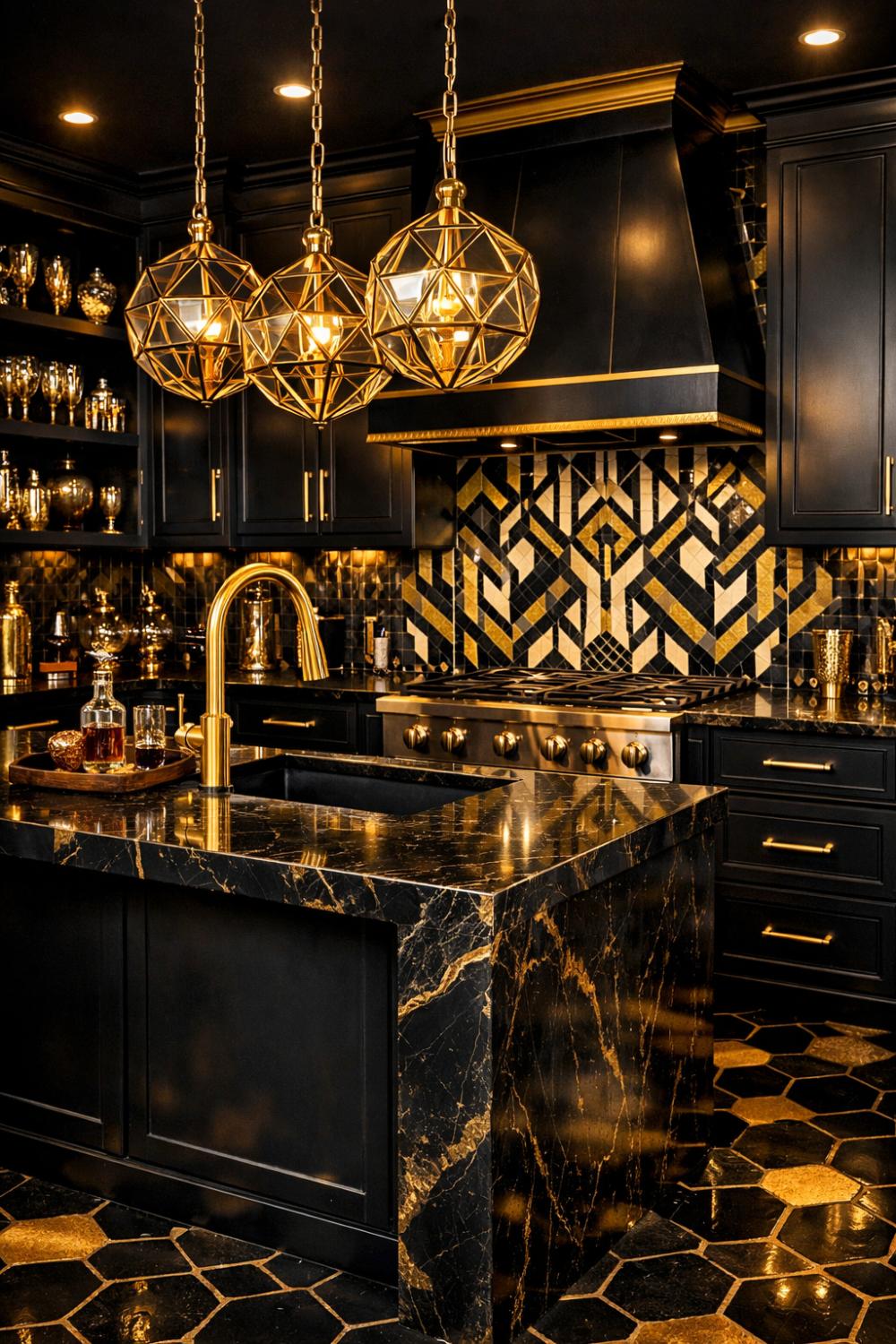 Black And Gold Art Deco Kitchen With Geometric Backsplash
