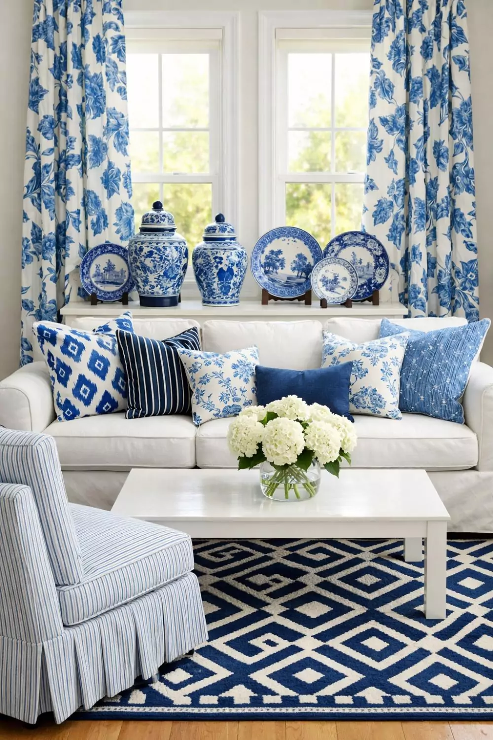 Blue And White Patterned Living Room With Mixed Prints